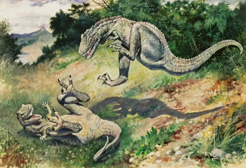 チャールズ・R・ナイト 《ドリプトサウルス（飛び跳ねるラエラプス）》 1897年 グアッシュ・紙 40×58cm アメリカ自然史博物館、ニューヨーク Image #100205624, American Museum of Natural History Library.